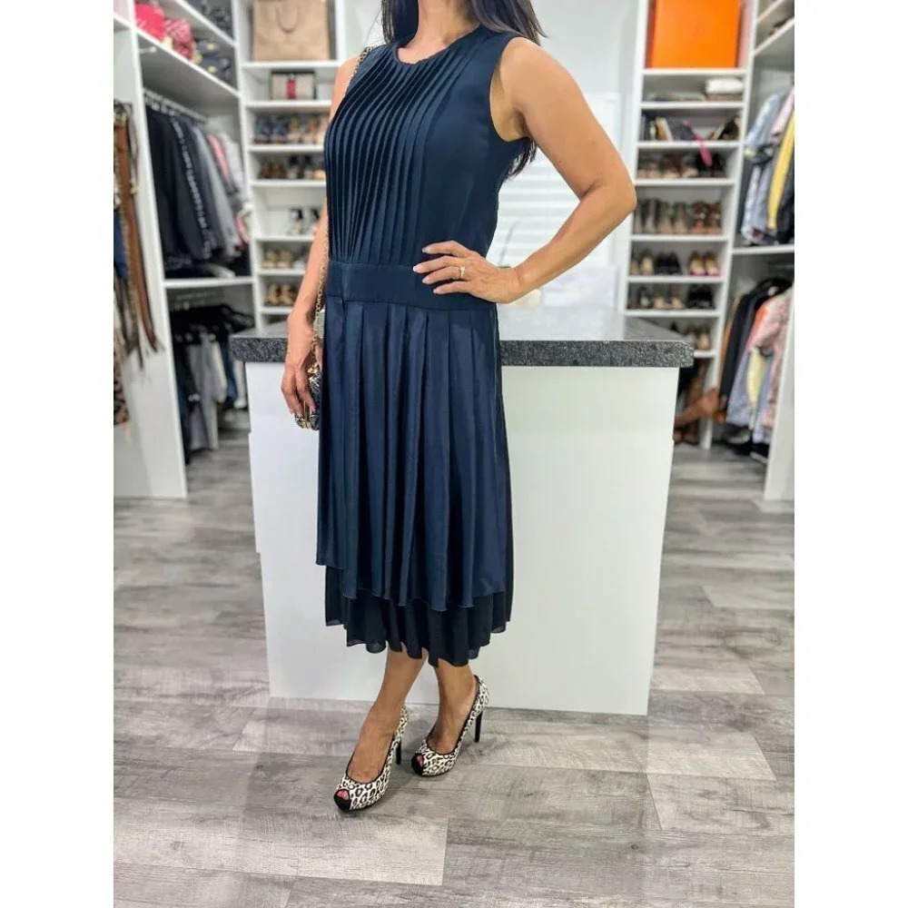 Victor Alfaro Navy Pleated Combo Midi Dress $2195 - Picture 6 of 15